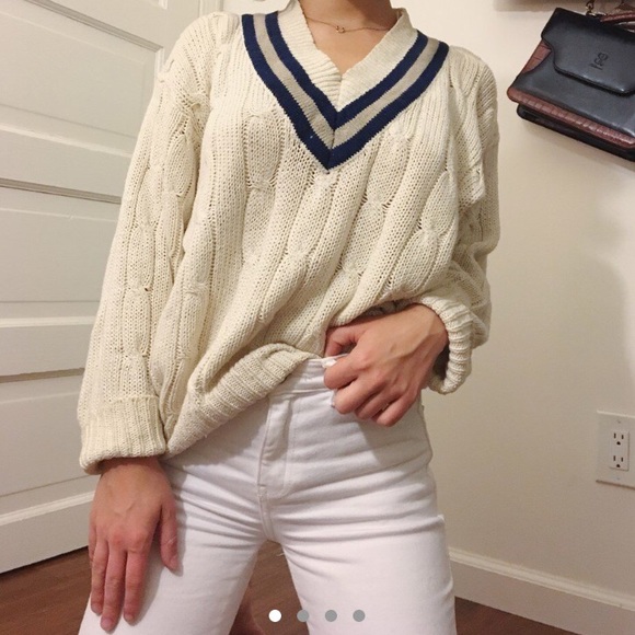Vintage White (cream?) cable knit v neck sweater - Picture 1 of 4